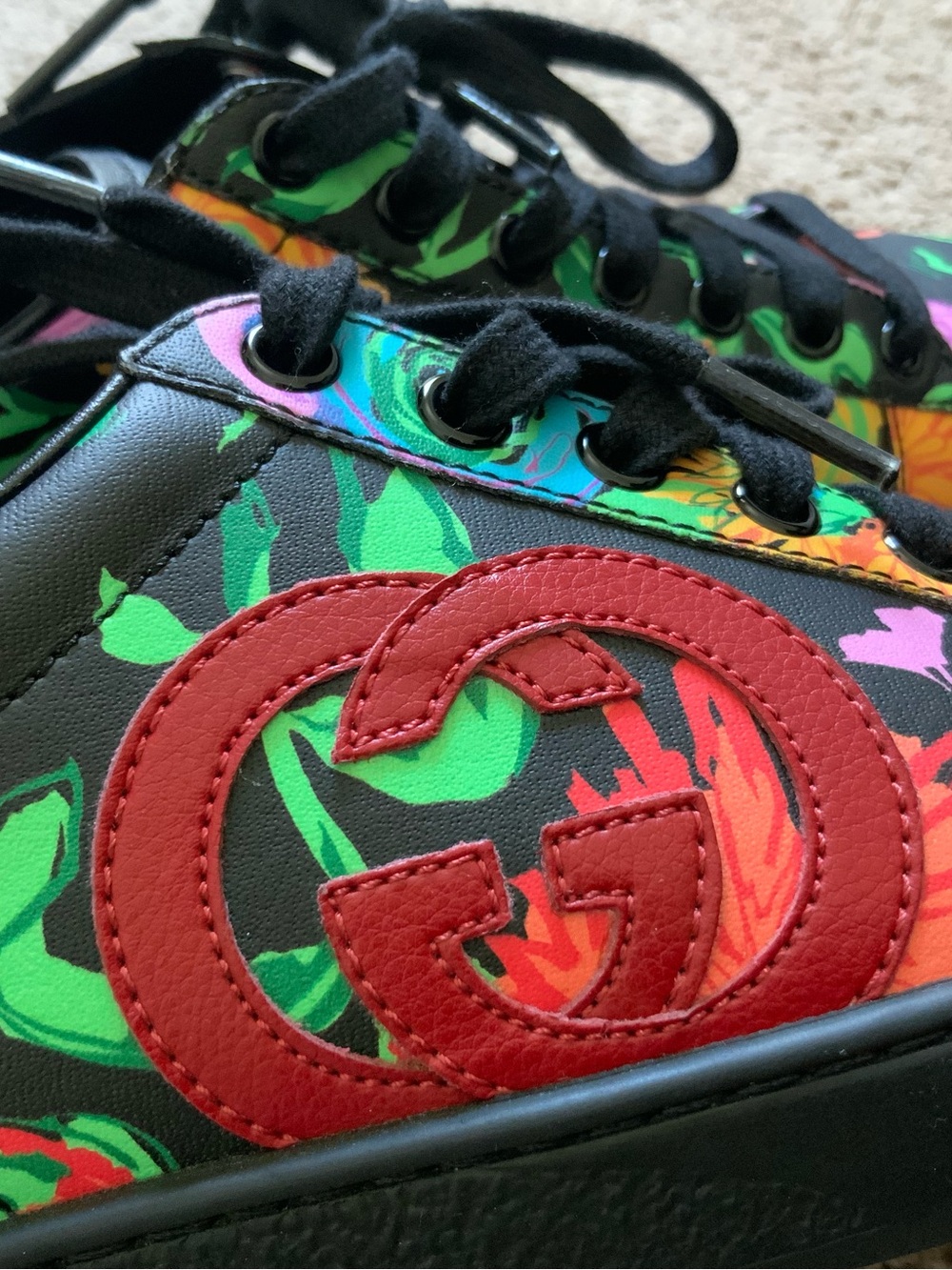 Gucci X Ken Scott Ace Women’s Black Casual Floral Logo Leather Sneakers Size 37 - Picture 12 of 13